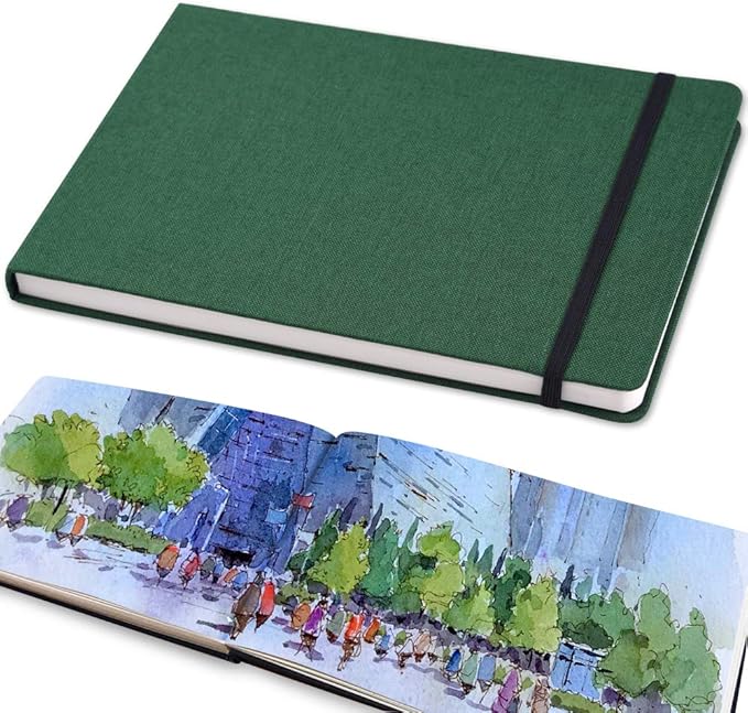 Mifuner 5"x 8" 220gsm Travel Handmade Cloth Cover Watercolor Paper 80 pages (40sheet frond and back) Notebook Journal Painting Paper Perfect for Travel Green