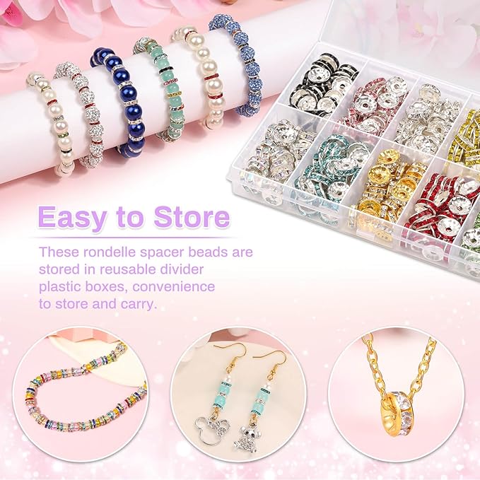 shynek 300 Pieces Rondelle Spacer Beads for Jewelry Making, 10mm Rhinestone Spacer Beads for Beaded Pens, Crystal Bead Spacers for Jewelry Making, Bracelets (10 Colors)