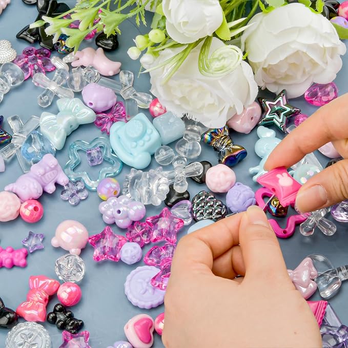 ABONDEVER 245-300Pcs Assorted Acrylic Beads for Bracelets Making Cute Star Bow Flower Candy Heart Gummy Bear Butterfly Aesthetic Beads for DIY Jewelry Crafts Keychain Necklace Phone Charms(5 Colors-B)