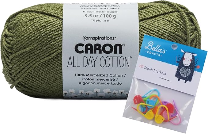 Caron All Day Cotton Yarn - 100g/3.5oz - 100% Mercerized Cotton - 173 Yards Bundle with Bella's Crafts Stitch Markers (Moss)
