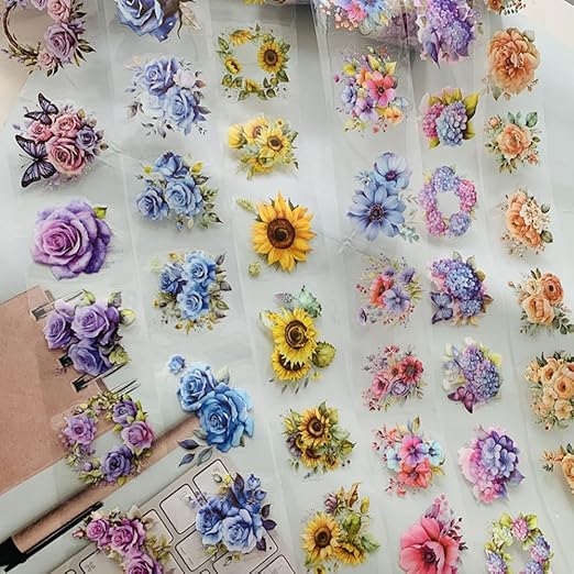 Koolemon 6Rolls Pre-Cut Floral Tape, Decorative Tape PET Flower Stickers for Crafts Journaling Scrapbook Supplies