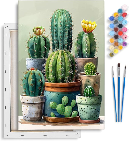 Yezavesu Framed Paint by Numbers Kit for Adults Beginner & Kids Ages 8-12, Cactus Paint by Numbers with Frame, DIY Number Painting for Adults Plant for Home Wall Decor Gift 8X 12 inch
