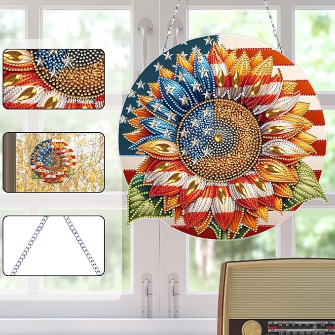 POETRYDRAW DIY Hanging Diamond Art Pendant Kit Independence Day Sunflower, Special Crystal Diamonds Painting Ornament for Adults, 5D Diamond Art Suncatchers Double Sided Board Gem Painting Box Kit