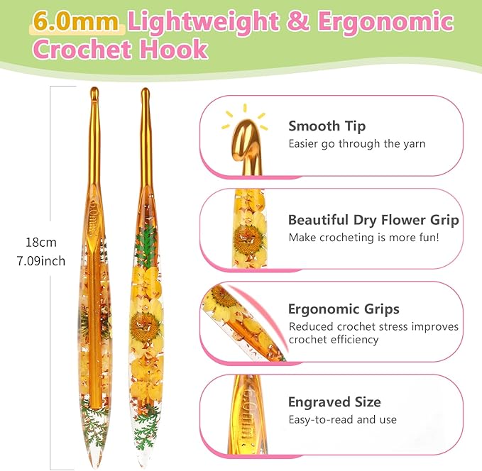 Katech 6mm Crochet Hooks with Floral Pattern-Elegant &Unique Crochet Needles-Longer Smooth Glide Crocheting Hook for Arthritic Hands, Beginners & Professional Ideal Crochet Gift(J)