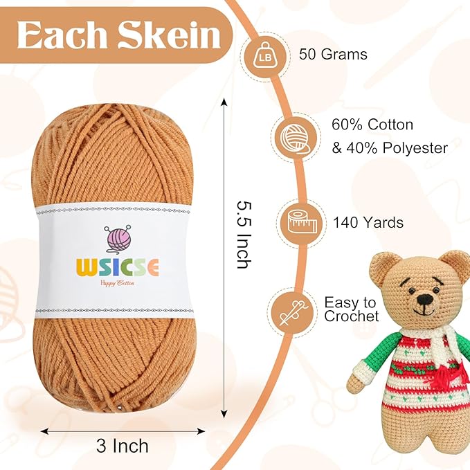 4 PCS Crochet Yarn, 560 Yard Soft Yarn for Crocheting Assorted Colors Fluffy Yarn for Crochet Hand Knitting Easter Decorations Gifts 1 Skein/140 Yard-Brown