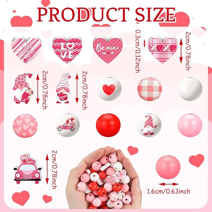 Waydress 200 Pcs Valentines Day Wooden Beads Hearts Beads Pink Red Farmhouse Beads Colorful Round Wooden Beads Natural Loose Beads for DIY Crafts Garland Wedding Home Decor