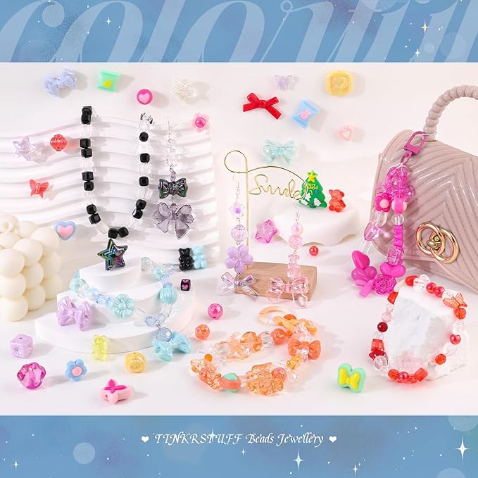 400-450pcs tinkrstuff assorted acrylic beads 6 mixed colors cute beads for bracelet making, bow aesthetic gummybear flower butterfly kawaii charms for jewelry making diy necklace keychain phone charm