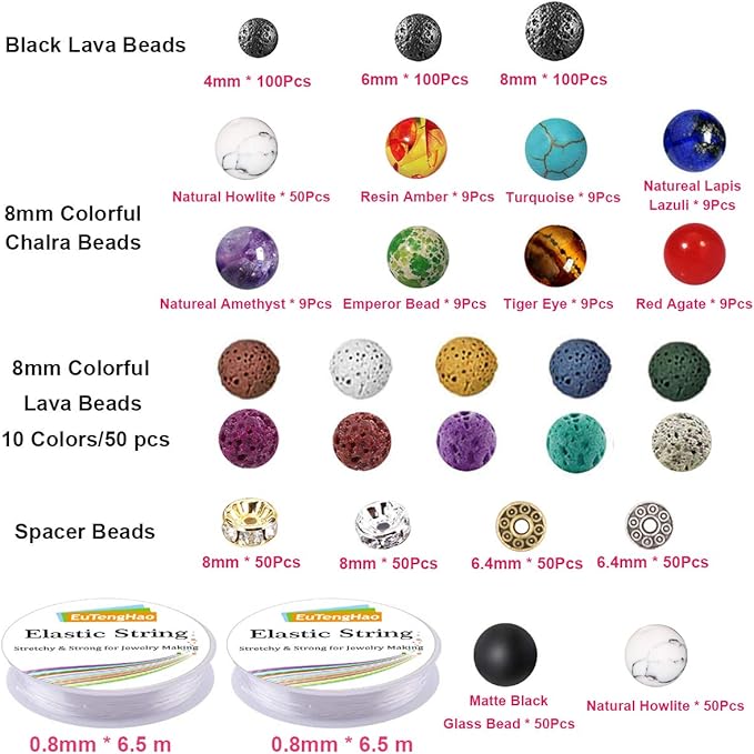 EuTengHao 715Pcs Lava Beads Stone Rock Beads Glass Beads Bracelet Making Kit with Chakra Beads Spacer Beads Bracelet Elastic String for Diffuser Essential Oils Bracelets DIY Jewelry Making Supplies