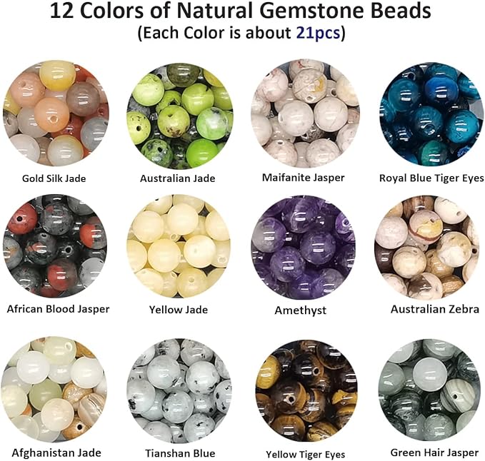 252pcs 8mm Natural Round Stone Beads Gemstone Beading Hole Size 1mm Crystal Energy Stone Healing for Bracelet Necklace Earrings Jewelry Making(12 Colors-4,8mm)