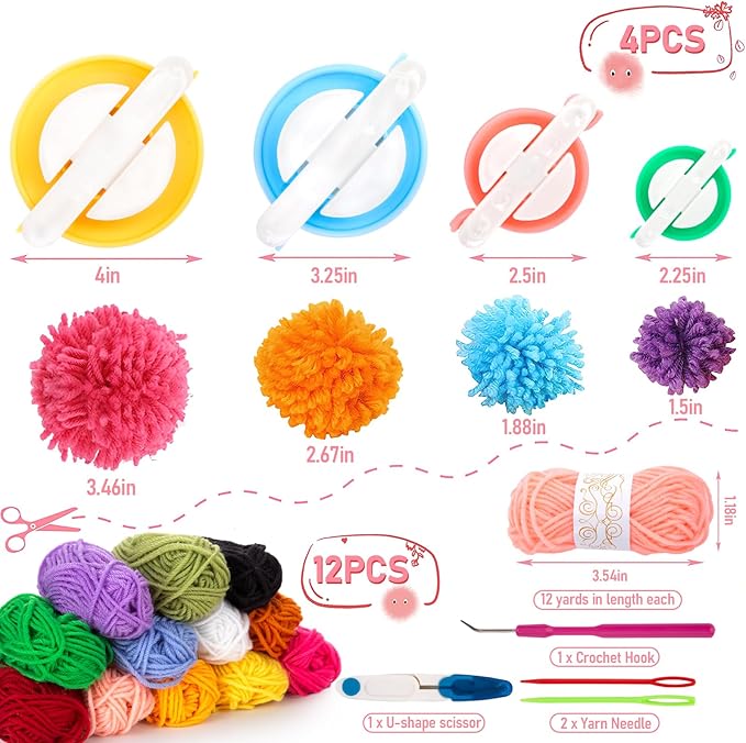vgoodall 20pcs pom pom maker craft kit, for winter hat & scarf, with 12 colorful yarns, 4 size knitting makers, diy christmas gifts for kids & adults beginners