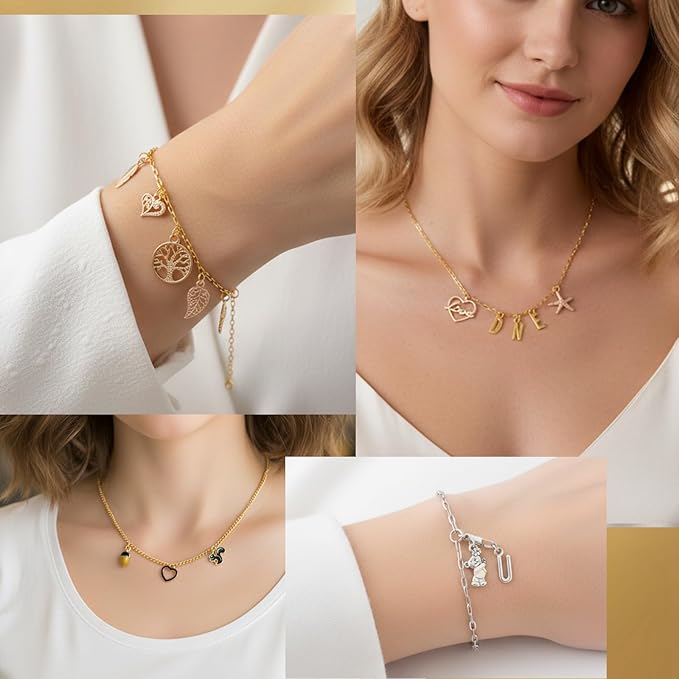 LuneClat Gold Sliver Chain Charm Bracelet Making Kit - Including 6 Chains with 142Pcs Pendants, Bulk Set with 400Pcs Jump Rings 50Pcs Lobster Clasps Pliers for DIY Crafts Lovers