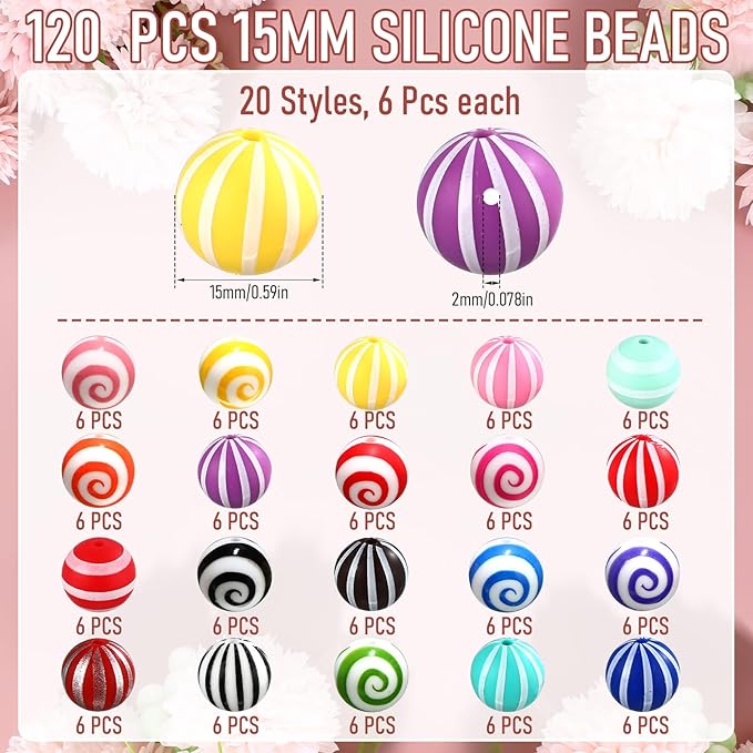 Ferreve 120 Pcs 15mm Silicone Beads Bulk Silicone Beads Print Rubber DIY Bracelet Making Kit for Keychain Making Pens Necklace Jewelry (Striped)