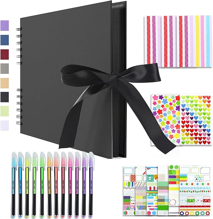 Vienrose Scrapbook Album 80 Pages, DIY Photo Album with Accessories, Black Kraft Paper Memory Book for Wedding, Birthday, Travel, Valentine, Mother’s Day, 11x8 Inches