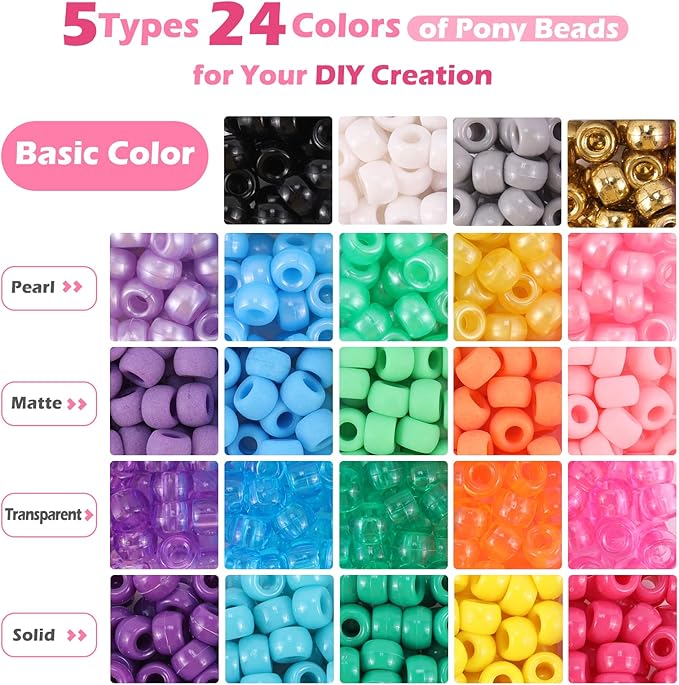 Miss Rabbit 24 Color Pony Beads for Jewelry Making, Hair Beads for Braids with Hair Beaders, Rainbow Kandi Bracelets Kit for Bracelet Making for Women DIY Crafts Friendship Bracelets Making Kit Gift
