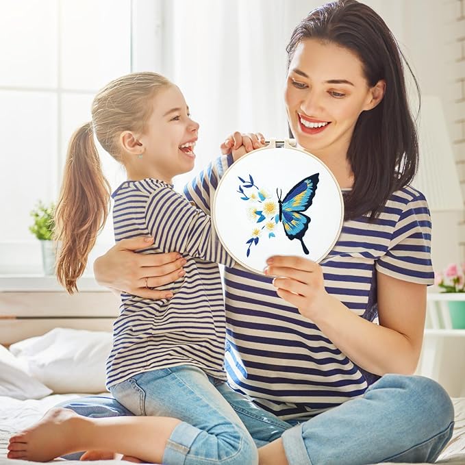 Enkor 4 Sets Embroidery Kit for Beginners Adults-Cross Stitch Kits for Beginner Easy to Learn Stitches from Instruction Video Needlepoint Kits with Stamped Embroidery Pattern-Butterfly B4