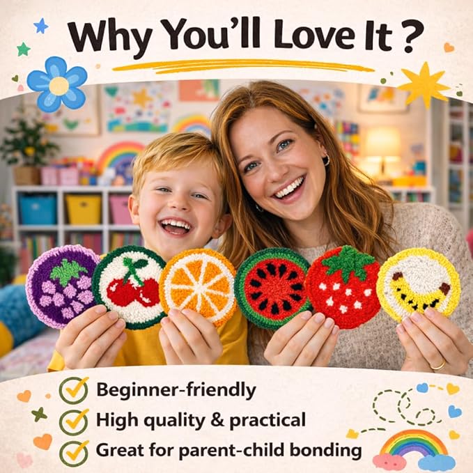 Punch Needle Coaster Kit for Adults Beginners, Easy Punch Embroidery Starter Set with Instructions – Fun Mug Rug Making Kit for Table Decor & Festival DIY Gifts (6pcs Cute Fruits)