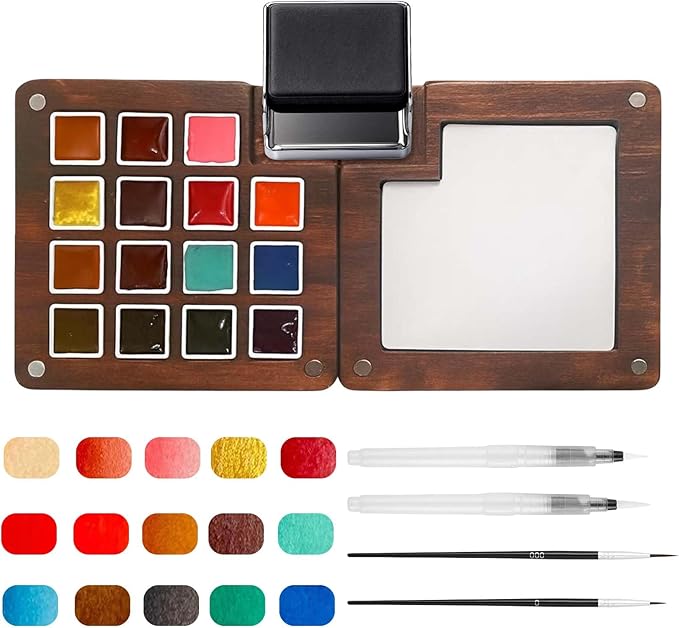 Mini Watercolor Paint Set - 15 Color Travel Watercolor Palette Set - Portable Water Color Paint Set with Binder Clips, Watercolor Brush Pens, Wooden Box for Beginners Painters Artists Student