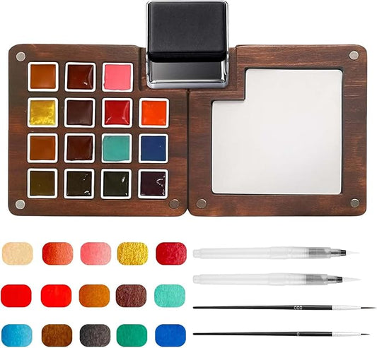Mini Watercolor Paint Set - 15 Color Travel Watercolor Palette Set - Portable Water Color Paint Set with Binder Clips, Watercolor Brush Pens, Wooden Box for Beginners Painters Artists Student