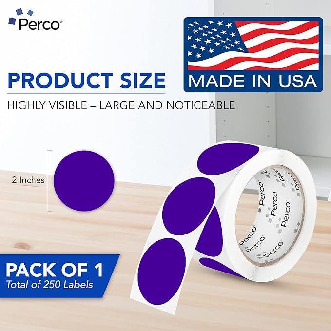 perco purple 2-inch perforated circle dot sticker labels — 250 round stickers per roll — with permanent adhesive for organizing, color coding, bin labeling, packaging alerts — made in usa