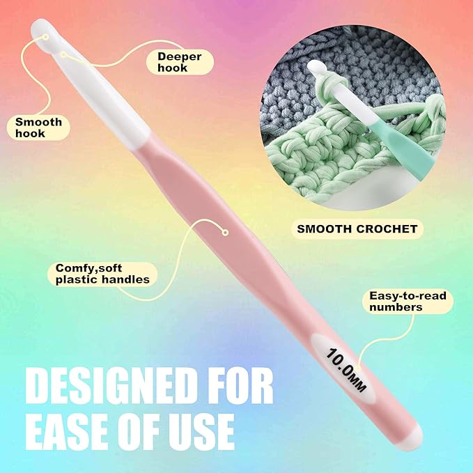 Large Sizes Crochet Hooks 8mm, 10mm, 12mm, 15mm Rubber Handle Crochet Hook 4PCS- Ergonomic Handle Crochet Hooks Weaving Tools for Knitting Blankets, Shawl and Carpet