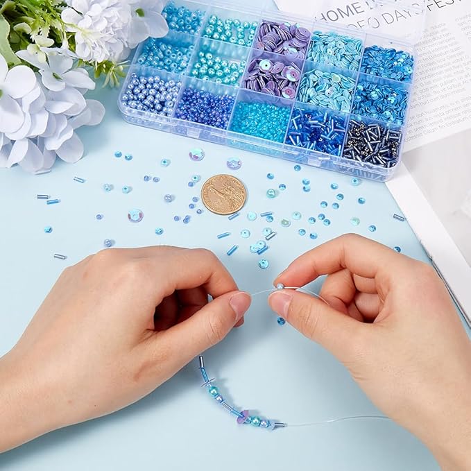 SUNNYCLUE Bead and Sequin Kit Glass Pearls Blue Seed Bead Plastic Paillette Glass Bugle Loose Spacers for Jewelry Making Necklace Bracelet Earrings Beading Craft DIY Supplies