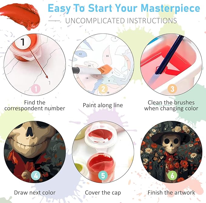Halloween Paint by Numbers Kit for Adults - Skull Acrylic Adult Paint by Number Kits on Canvas for Beginner, Flowers Skeleton DIY Oil Painting by Numbers for Adults Kit for Home Decor Gift 16"x20"