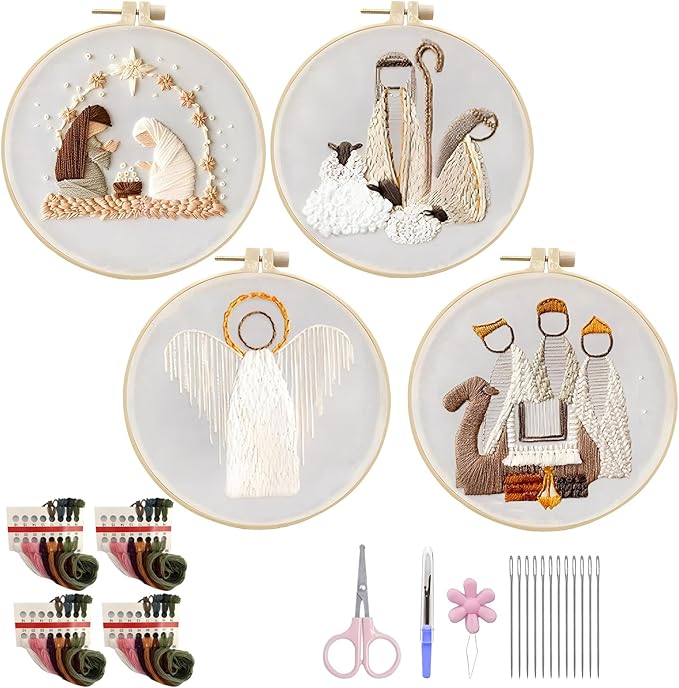 LGLRTD Nativity Embroidery Kits, 4 Sets Christmas Embroidery Kits for Beginners, Cross Stitch Kits for Adults with 4 Hoops, 4 Pattern, 12 Needles, Threads, Tools, DIY Needlepoint Craft Kit (Nativity)