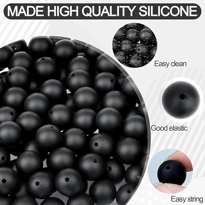 MAIBAOTA 120 Pcs Black Silicone Beads 15 mm Bulk for Keychain/Pens/Bracelet/Necklace Making Rubber Round Beads for Craft Making (with Boxed Kits)