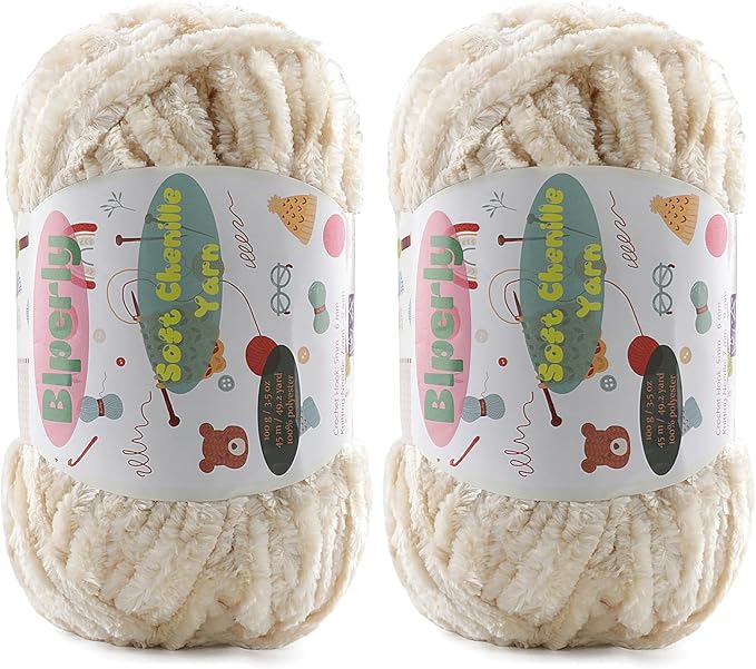 2 * 100g Fluffy Chenille Yarn for Crocheting - Chunky Velvet Yarn for Scarves Shawls, Baby Blankets, Hats Plush Toys, Plush Yarns Each Skein 49.2yd (2, Beige)