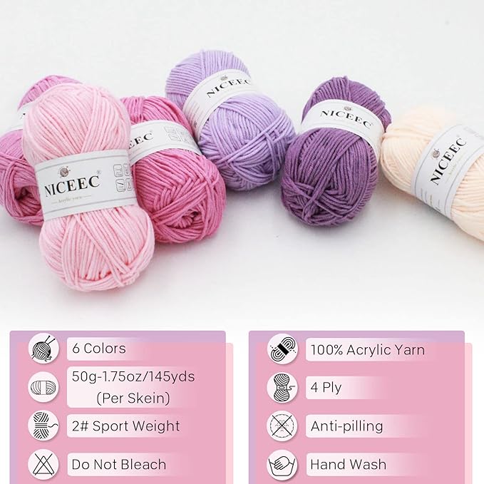 NICEEC 300g Soft Assorted Colors Yarn - Sport Weight,100% Acrylic, 4 Ply, Bonbons Yarn for Crochet & Knit, DIY Project Starter Kit for Kids or Adults(Total 870yds) - Light Purple
