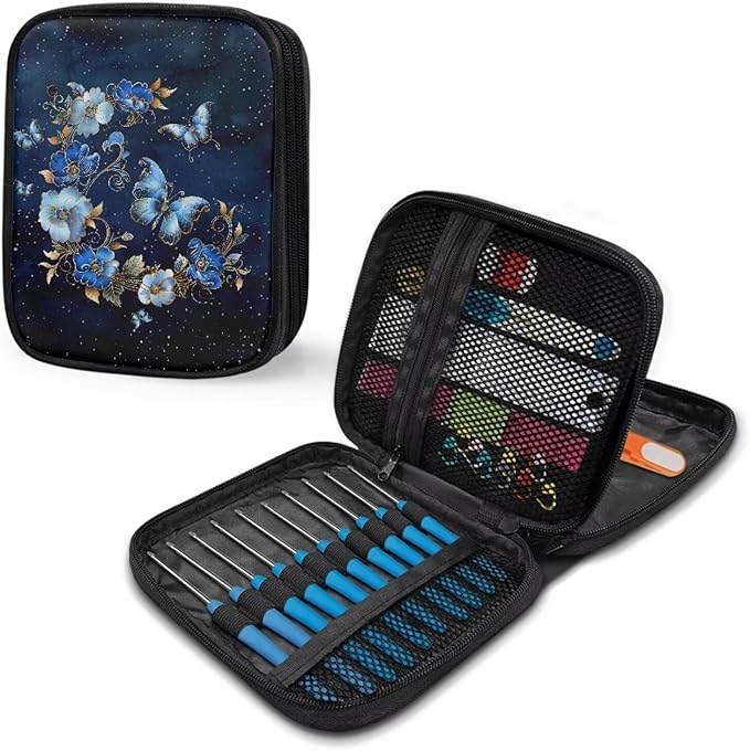 Hechitok Butterfly Flower Crochet Hook Case Without Hooks and Accessories Zipper Storage Organizer Bag with Web Pockets for Various Crochet Needles Accessories Crochet Hook Kit Tools