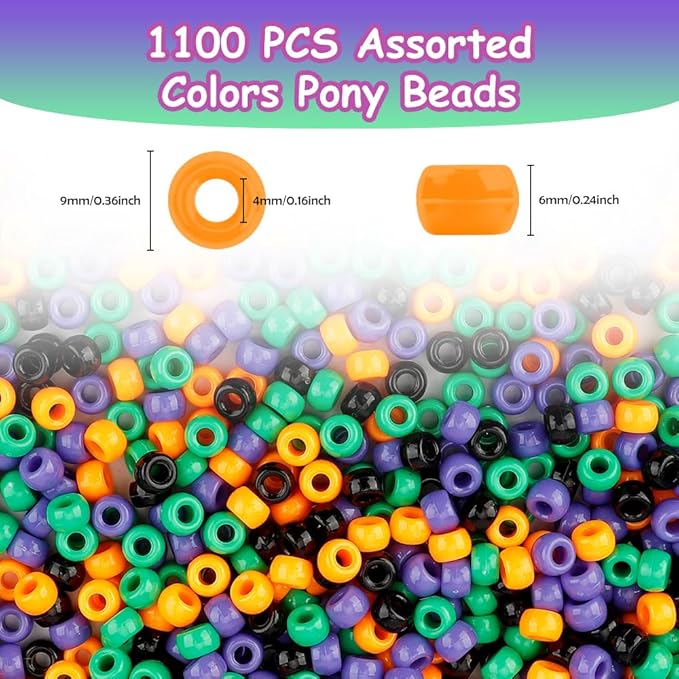 1100 pcs halloween pony beads for bracelets jewelry making,plastic hair beads for crafts,friendship bracelets crafts(black,purple,orange,green)