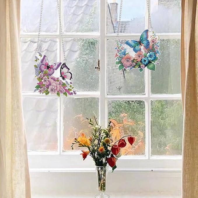 2 Pcs 5D DIY Diamond Painting Butterfly Hanging Ornaments, Acrylic Floral Diamond Art Suncatchers, Special Shape Diamond Art Hanging Kits for Window or Wall Decor