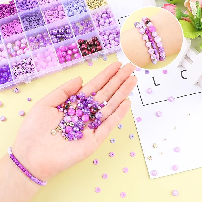 Purple Beads for Jewelry Making,3500pcs Clay Beads,Purple Friendship Bracelet Making Kit DIY Craft Set with 3mm Seed Bead,8mm Glass Bead