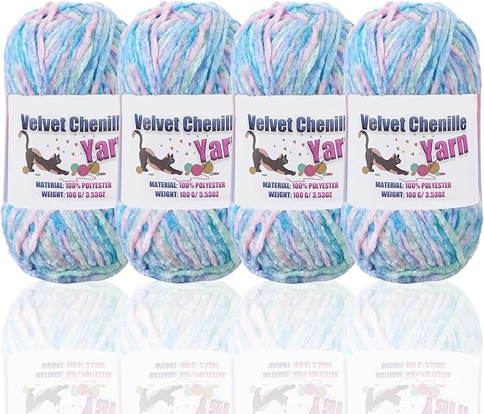 4 * 100g Fluffy Velvet Chenille Yarn for Crocheting and Knitting, Handcrafts Weaving Soft Chenille Yarn for Crocheting Clearance, Used for Making Baby Yarn Blanket, Clothes, DIY Craft (Candy Color)