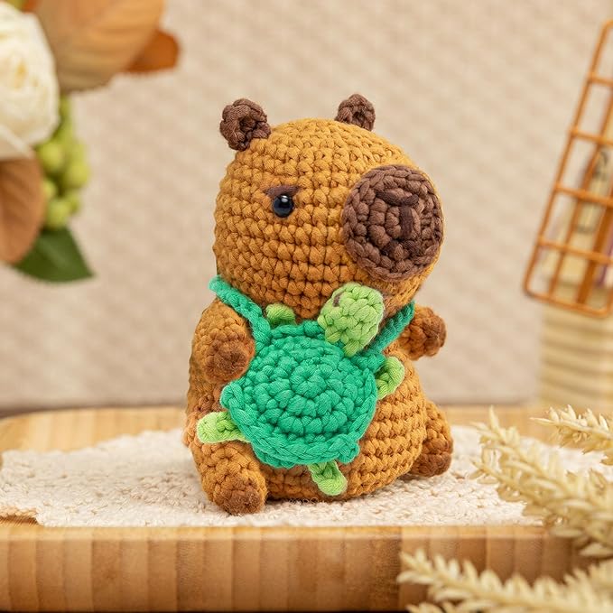 Mewaii Crochet Kit for Beginners Level 1 with 40% Extra Eco-Friendly Pre-Started Easy Yarn, Step-by-Step Video Tutorials for Adults and Kids (Capybara)