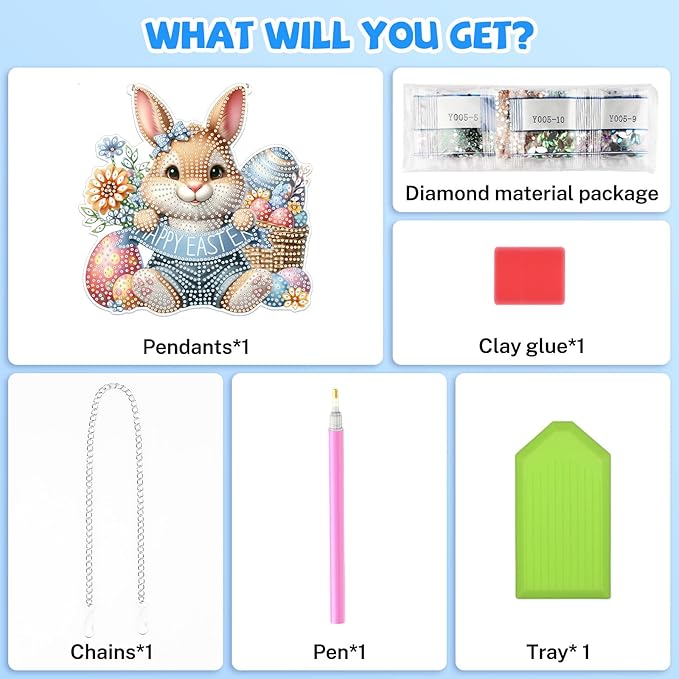 Bowetile Easter Hanging Diamond Art Kits for Adults Kids, 5D Special Shape Diamond Painting Rabbit Kits, Easter Diamond Gem Art Suncatchers Painting Pendant Home Decor, Gifts for Kids