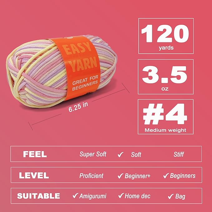 2 x 3.5Oz/120yds Beginner Easy Yarn for Crocheting and Knitting;Worsted-Weight Medium #4;Cotton Blend Yarn for Beginners Amigurumi DIY (Macaron, 2 Skein)