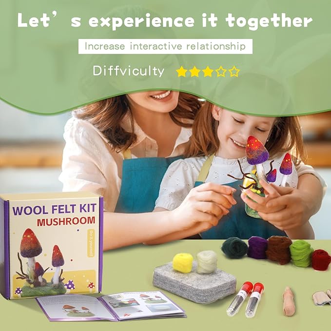 Yizzvb Mushroom Needle Felting Kit, Felt Kits for Beginners Adult, Wool Felting Kit with Felting Pad, Felting Needles and Instruction for DIY Lovers DIY Craft Home Decoration Party Supplies
