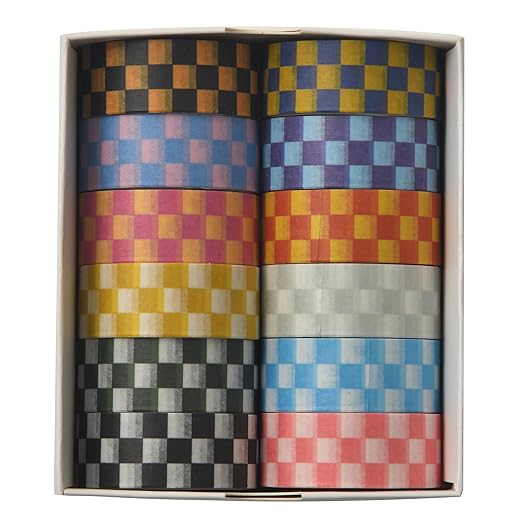 12 Rolls Grid Washi Tape Set Plaid Arts Adhesive Tapes Basic Patterns Decorative Masking Tape Sets for Craft, Kids, Scrapbook, DIY, Gift Wrapping (Style Two)
