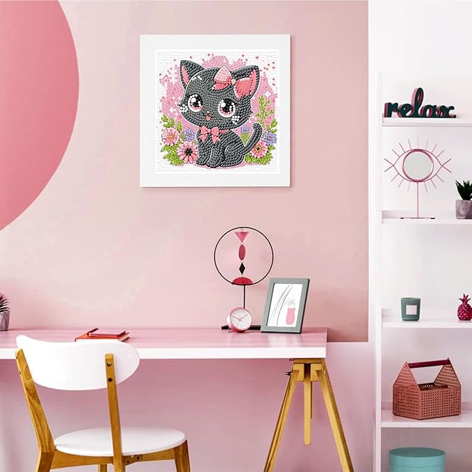 Cat Diamond Art Kits for Kids with Frame-Cat Diamond Art for Kids Ages 4-8-12 with Frame,Animals Diamond Painting Kits for Kid for Gift Home Wall Decoration(7x7inch)