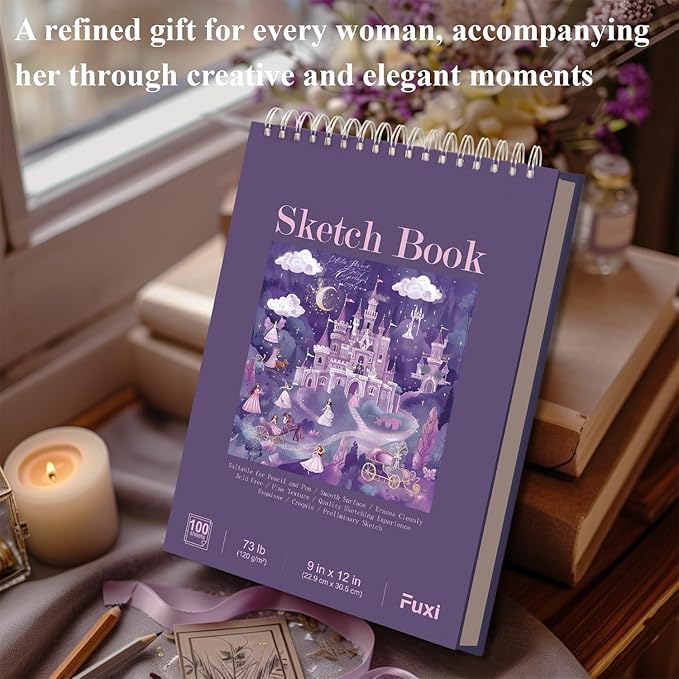purple sketch book for women - 9"x12" girls sketch book, 100 sheets (73lb/120gsm) drawing paper for kids, art supplies for girls ages 8-12, beginners, and adults, 1-pack