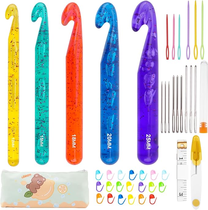 BsHooker 43Pcs Crochet Hooks Set,Plastic Crystal Crochet Hook with Case,5 Sizes Large Crochet Hooks for Chunky Yarn Ergonomic Crochet Needles for Beginners and Crocheting Yarn,12mm-25mm