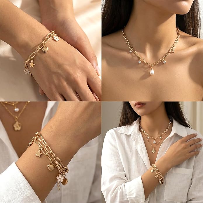 20pcs Charm Necklace Bracelets Making Kit, Paperclip Necklace for Women, Adjustable Charm Bracelet Jewelry Supplies, Stainless Steel Gold Chain with Lobster Clasps for Jewelry Making