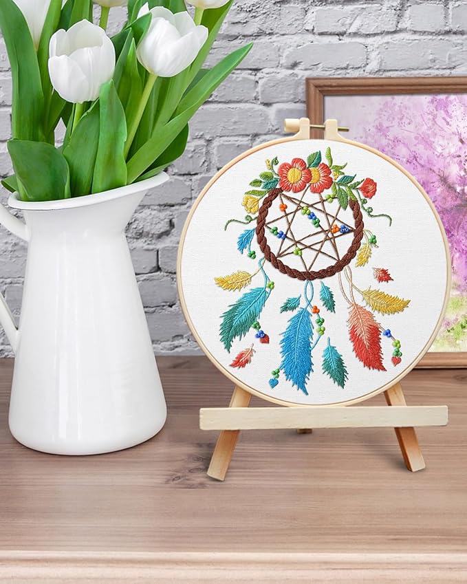 ERKOON Embroidery Kit for Beginners, Flower Cross Stitch Set for Include Embroidery Cloth Hoops Threads for Craft Lover Hand Stitch with Embroidery Skill Techniques (Dreamcatcher)