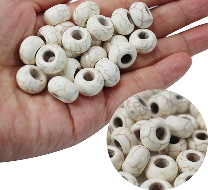 PAMIR TONG Large Hole Turquoise White Beads for Bracelet 100pcs European Gemstone Beads Howlite Rondelle Space Craft Beads for Pens-DIY Charms-Jewelry Making (White Large Beads)