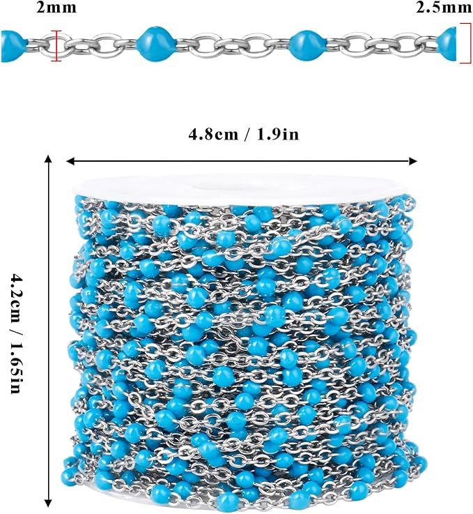 33 Feet Stainless Steel Enamel Chains Bulk, 2mm 304 Stainless Steel Light Blue Enamel Beaded Cable Link Chain Roll Spool for Jewelry Making