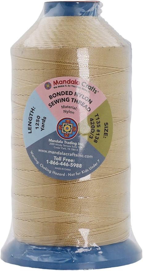Mandala Crafts Size 138 420D T135 Bonded Nylon Thread - Tan 1250 YDs Tex 135 Heavy Duty Sewing Threads for Leather, Jeans, Weaving, Outdoor Marine Upholstery