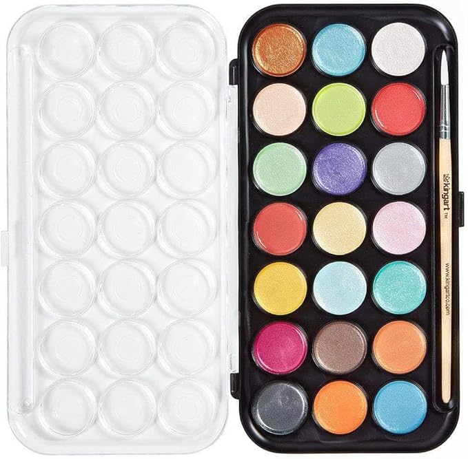 KINGART Watercolor Pan Set, Pearlescent Colors, 21 Unique Shades & Paint Brush