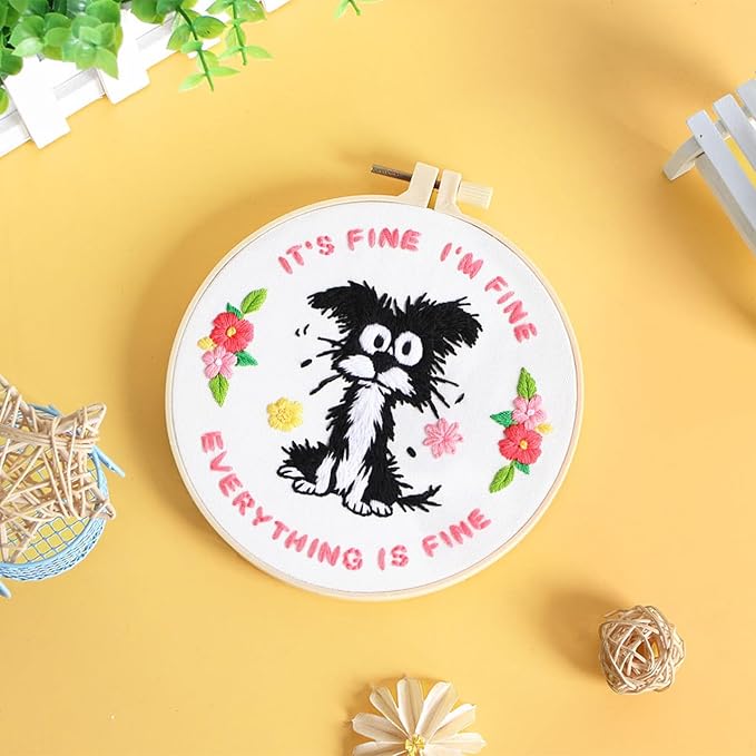 Louise Maelys Funny Dog Embroidery Kits for Beginners,Cross Stitch Kit for Adults,DIY Needlepoint with Cute Animal Pattern -It's Fine I'm Fine Everything is Fine